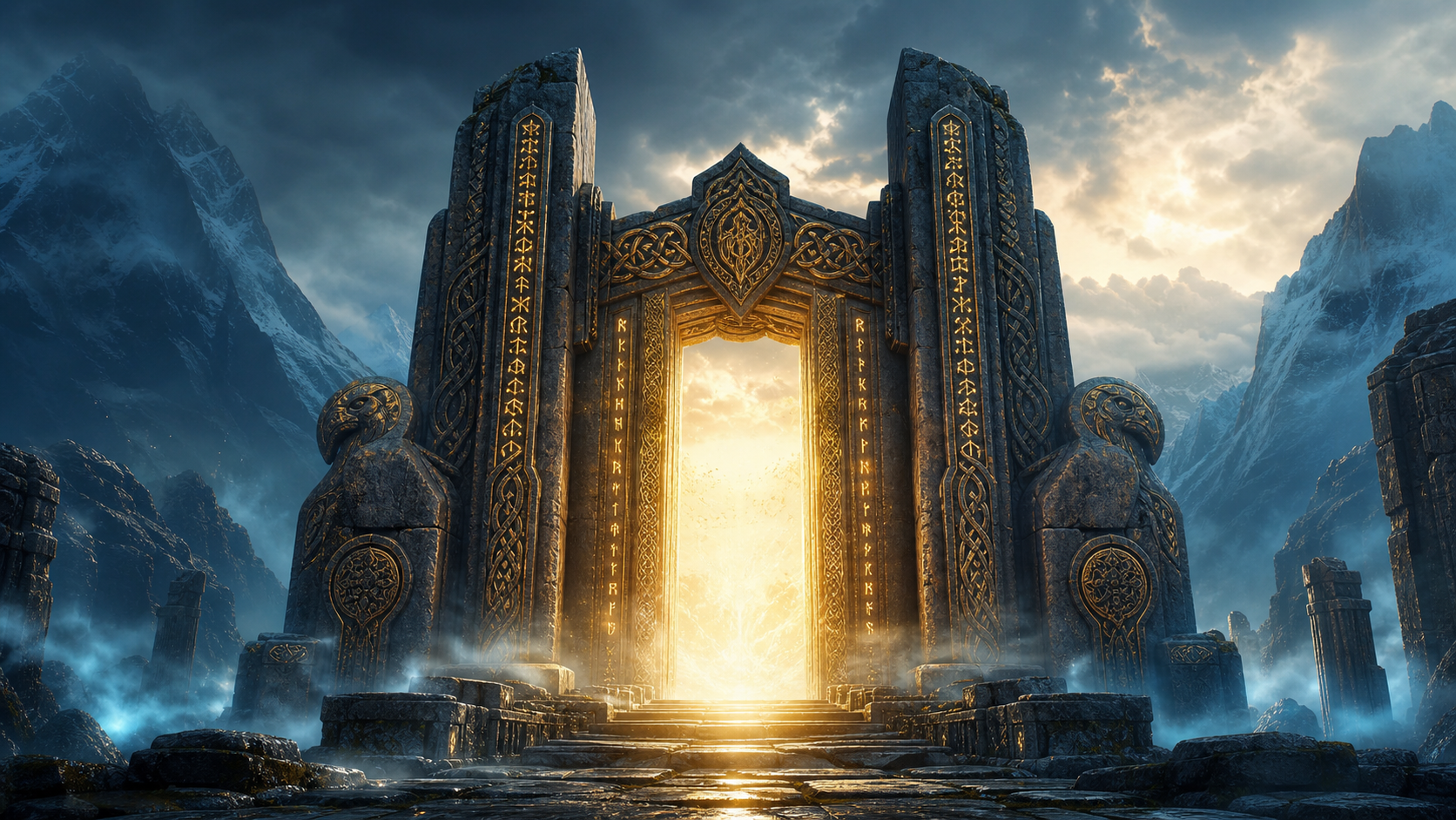 The monumental Valhalla Gate glowing through ancient mist